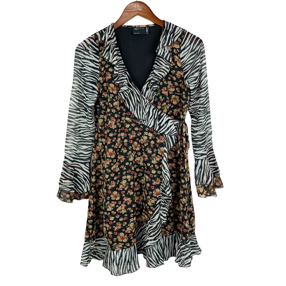 ASOS Design Wrap Mini Dress Zebra Dark Floral Bell Sleeve Ruffle Maternity 4 - Picture 2 of 12